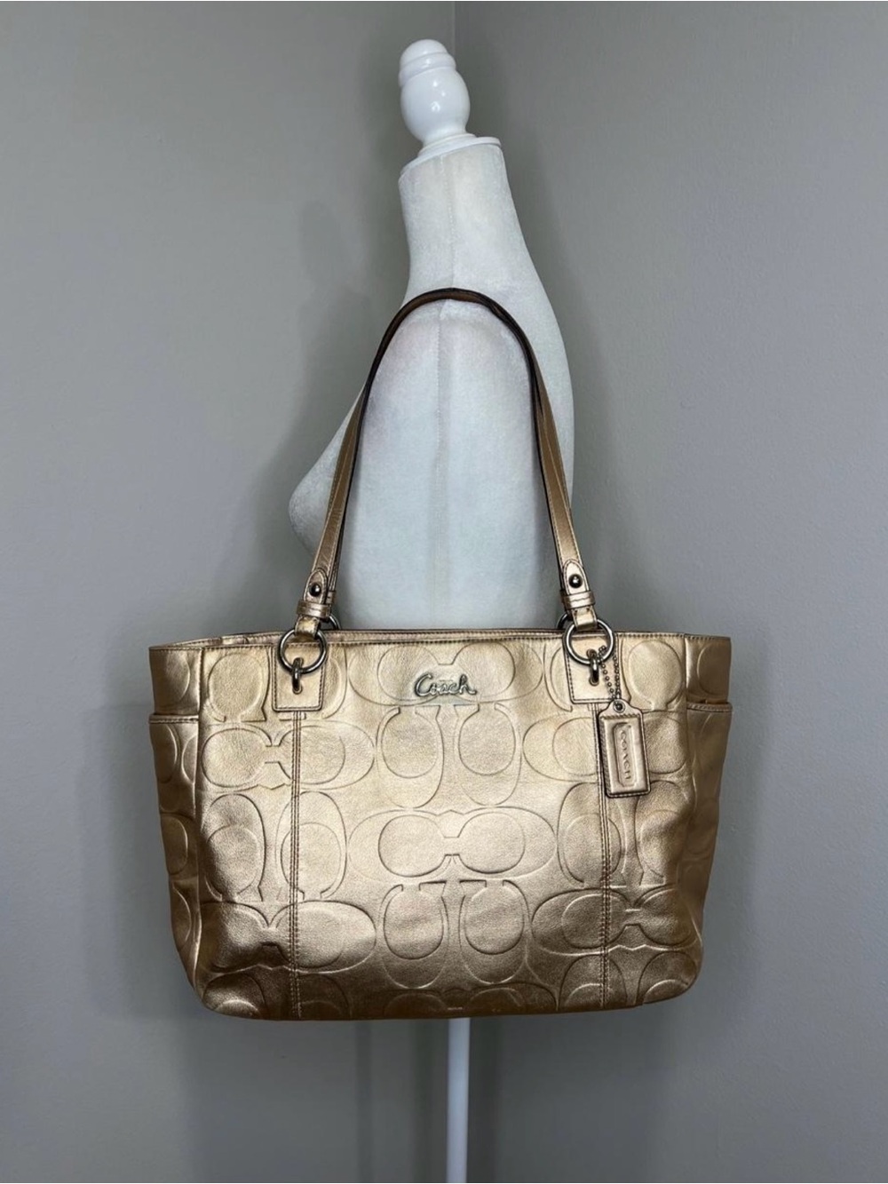 Coach East West Gallery metallic gold embossed signature leather tote bag